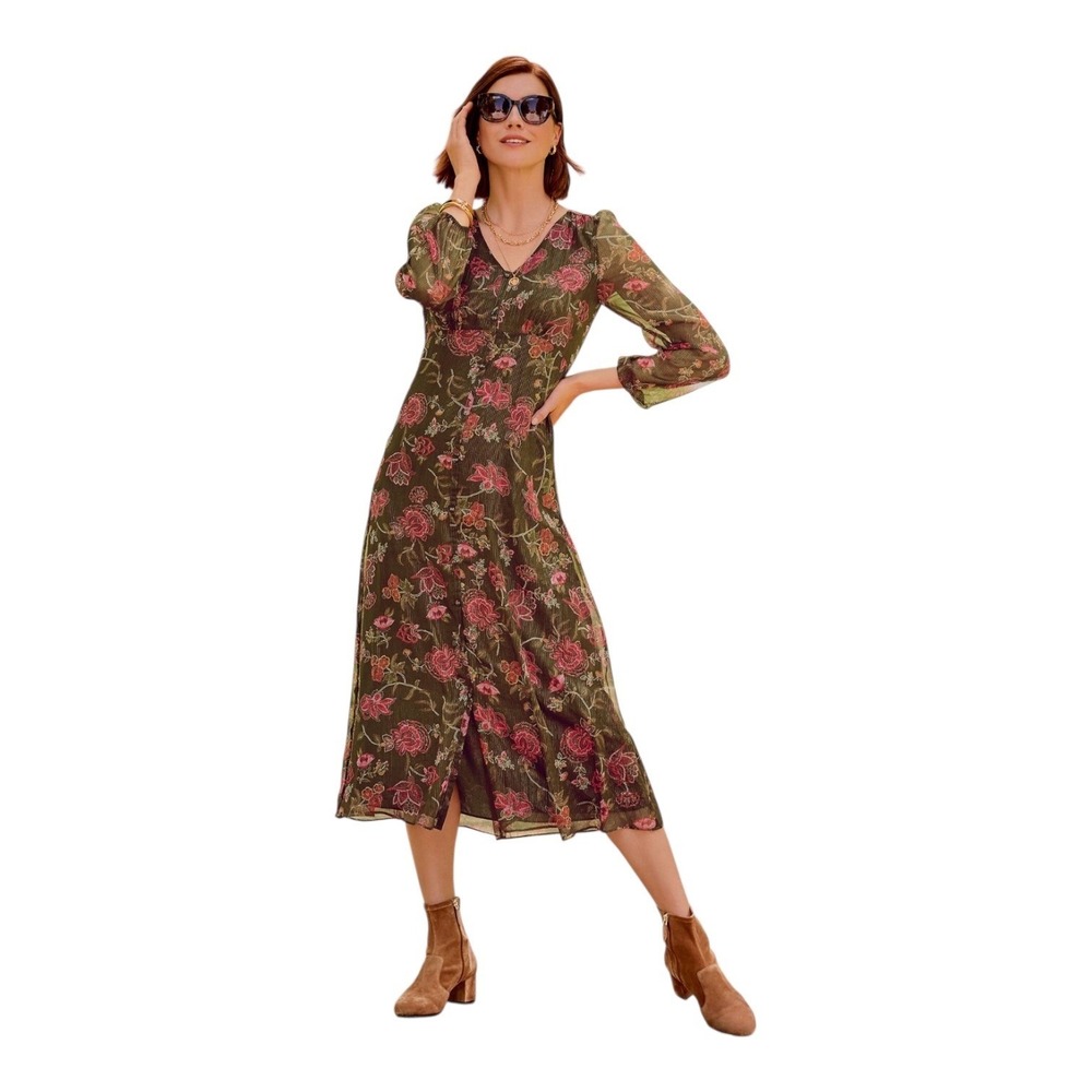 Talbots Graceful Floral Metallic Stripe V-Neck Midi Dress Size 12 Sheer‎ Sleeves